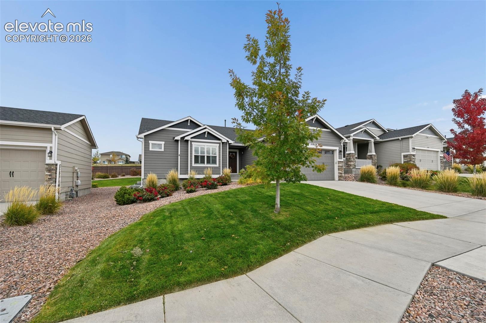 Horizontal lap siding exterior featuring stone veneer accents, a multi-gabled roofline, concrete driveway, and landscaped front yard with ornamental grasses