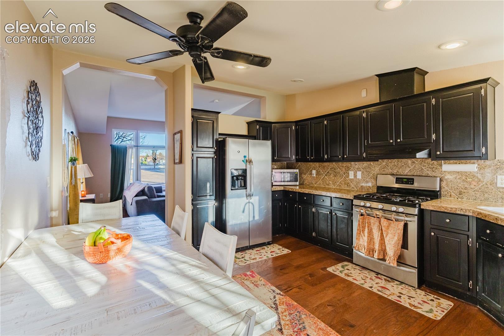 Kitchen featuring wood-finish flooring, dark cabinetry, stainless steel appliances, and a tiled backsplash