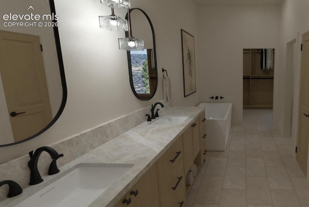 Dual vanity with undermount sinks, matte black fixtures, and stone countertop