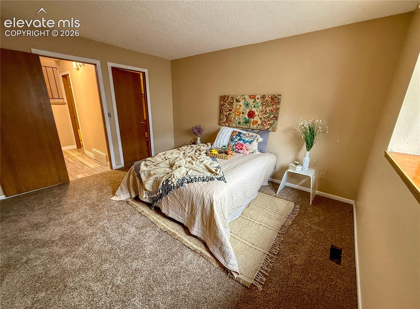 Room featuring wall-to-wall carpeting, neutral paint finish, and solid core wood doors and walk in closet