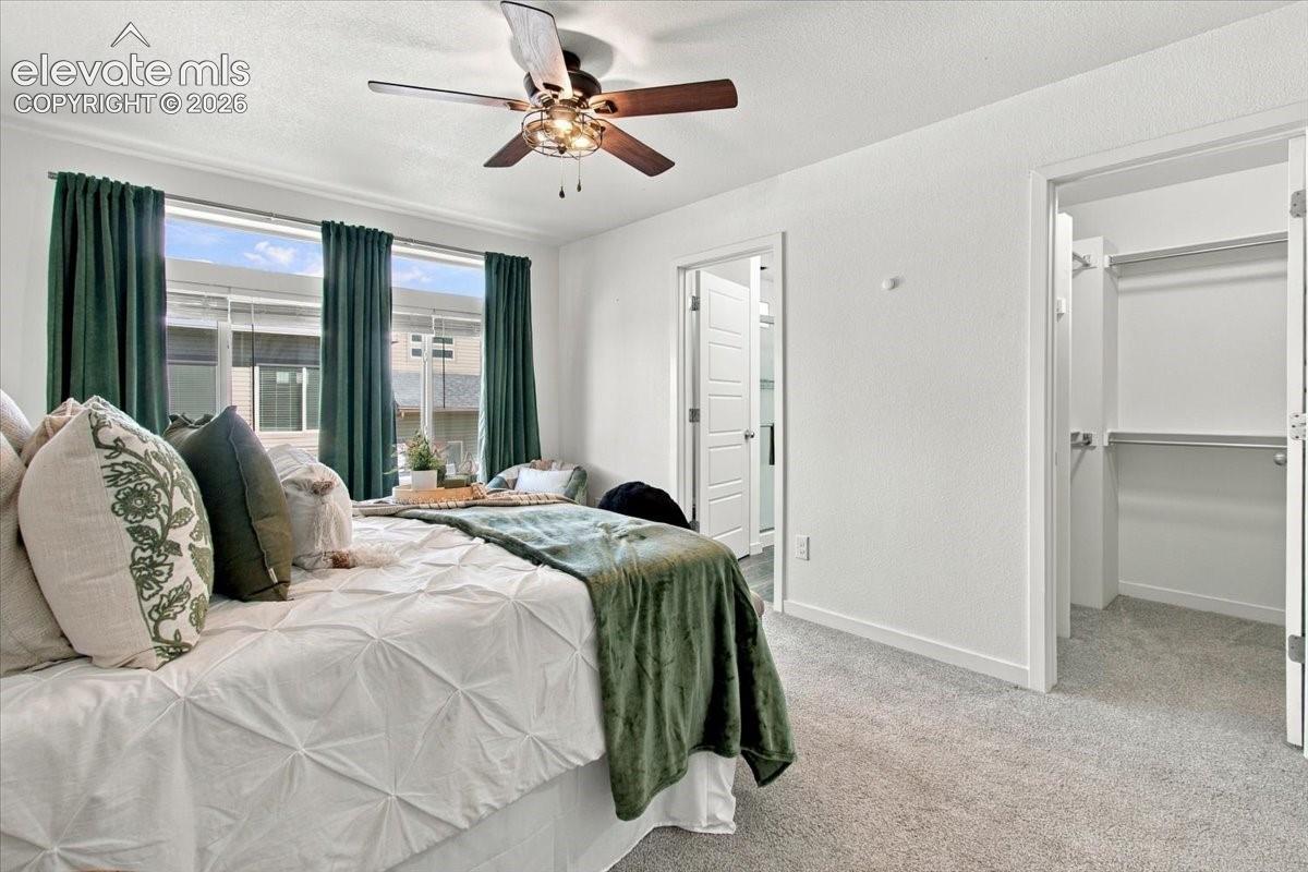Recessed lighting, wood-finish ceiling fan, broad windows, neutral carpeting, and built-in closet shelving