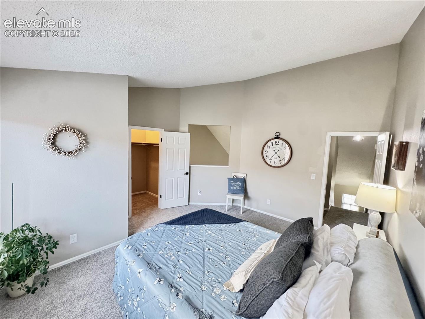 Vaulted ceiling, wall-to-wall carpeting, and a built-in walk-in closet with multi-level shelving
