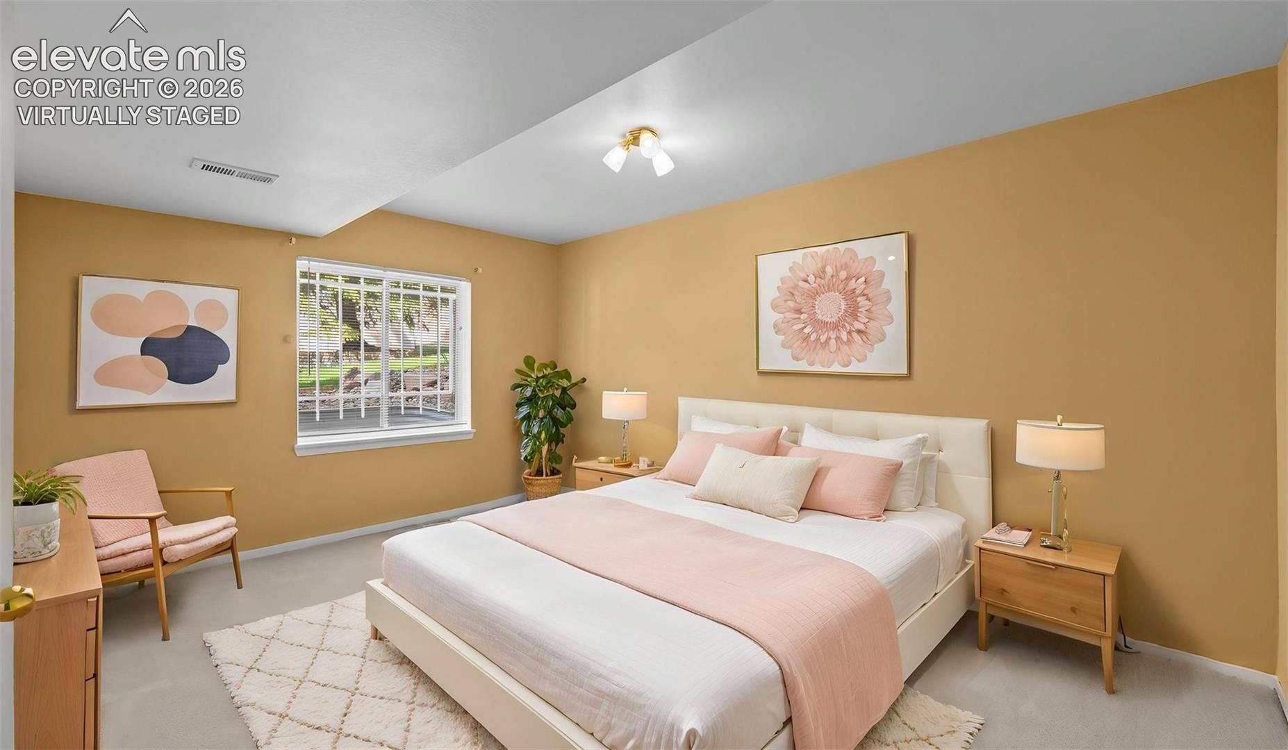 Virtually staged basement bedroom
