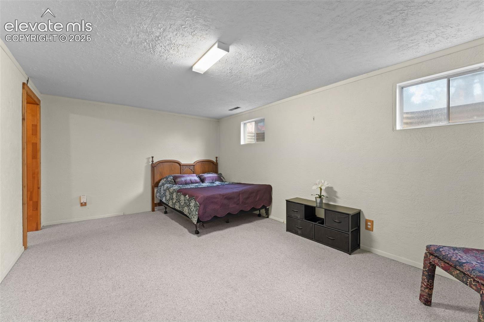 Recessed window openings, light-toned carpeting, and a flush-mounted ceiling light fixture