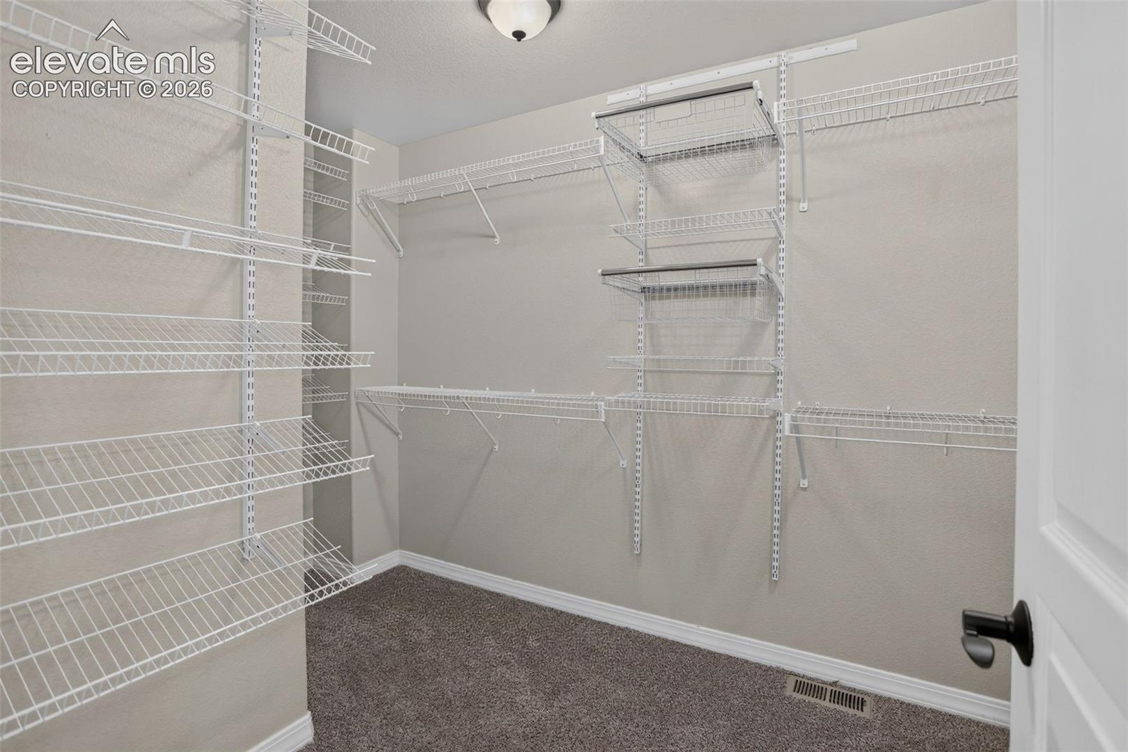 Spacious walk-in closet featuring white wire shelving throughout, multiple hanging rods for organized storage, and carpet flooring