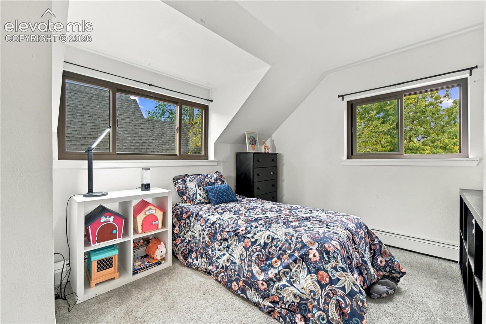 Sloped ceiling architecture featuring dual sliding windows, neutral wall finishes, and carpeting