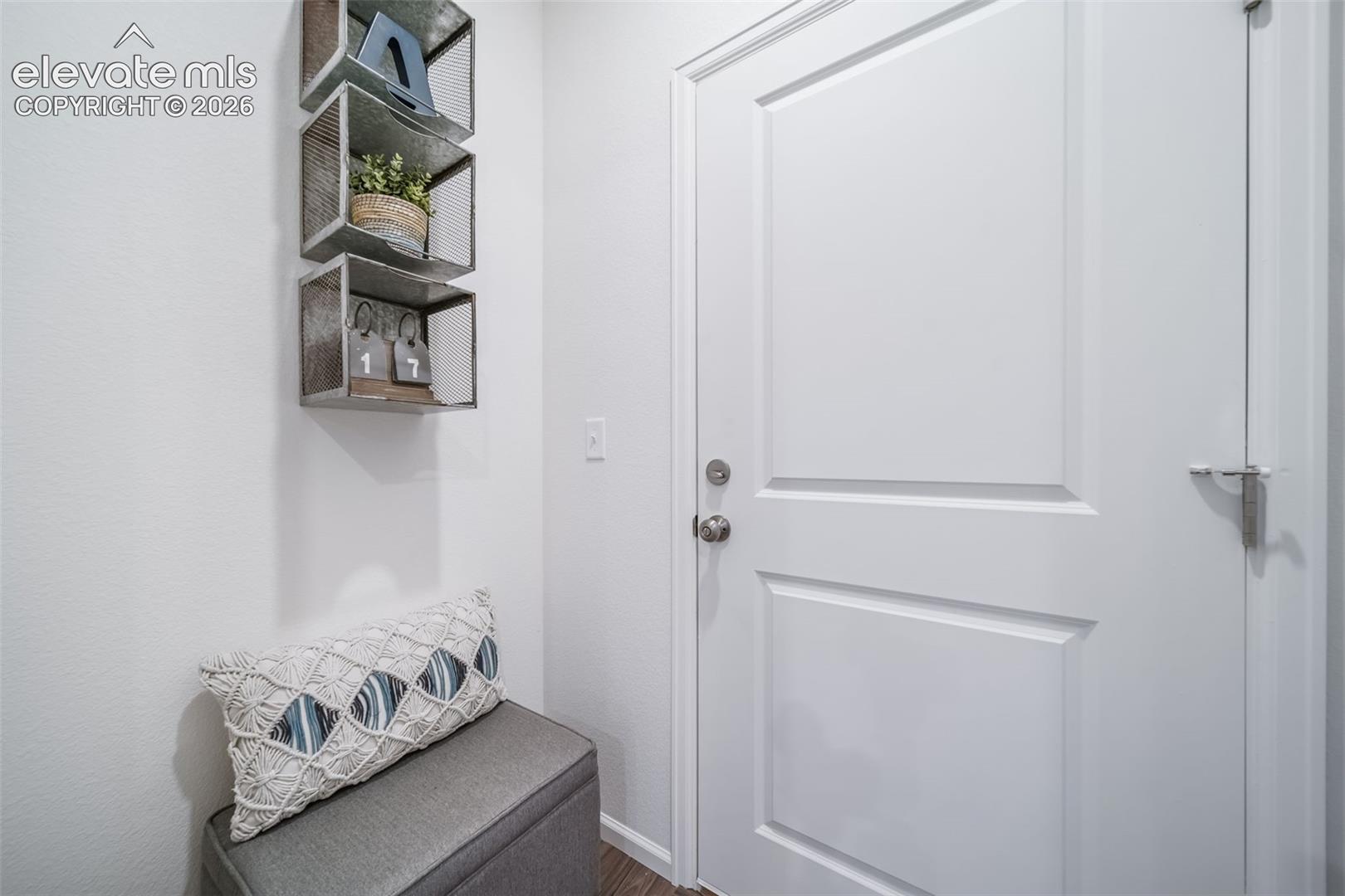 White paneled door with satin nickel hardware, light-toned walls, and wood-finish flooring
*photos of a model home*