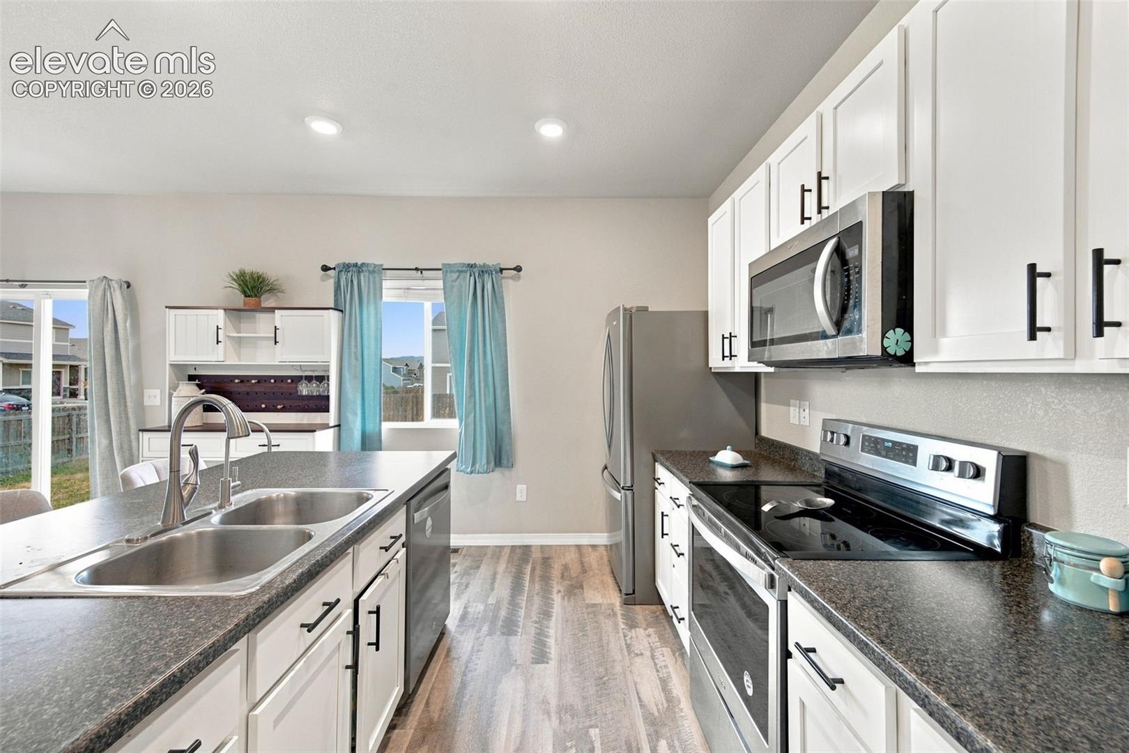 Kitchen featuring white cabinetry with matte black hardware, dark countertops, wood-finish flooring, stainless steel appliances, and a double-basin sink