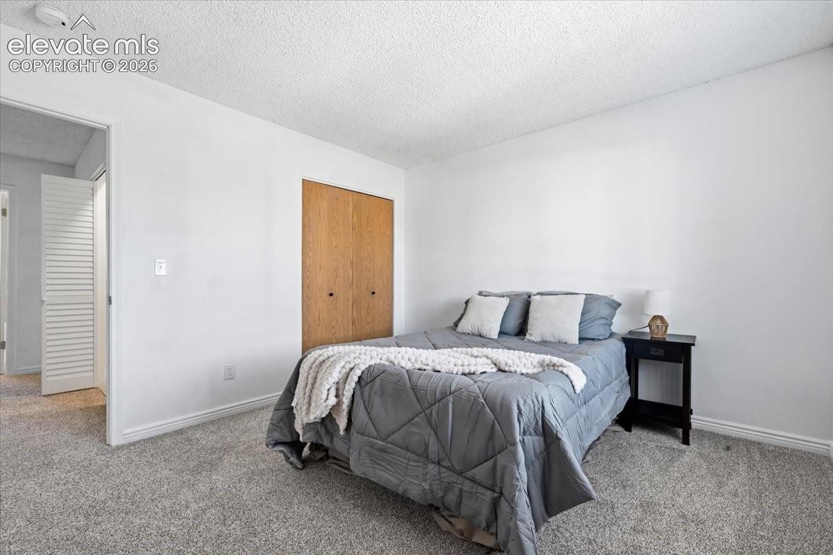 White walls with textured ceilings, light-toned wood closet doors, and grey carpet flooring