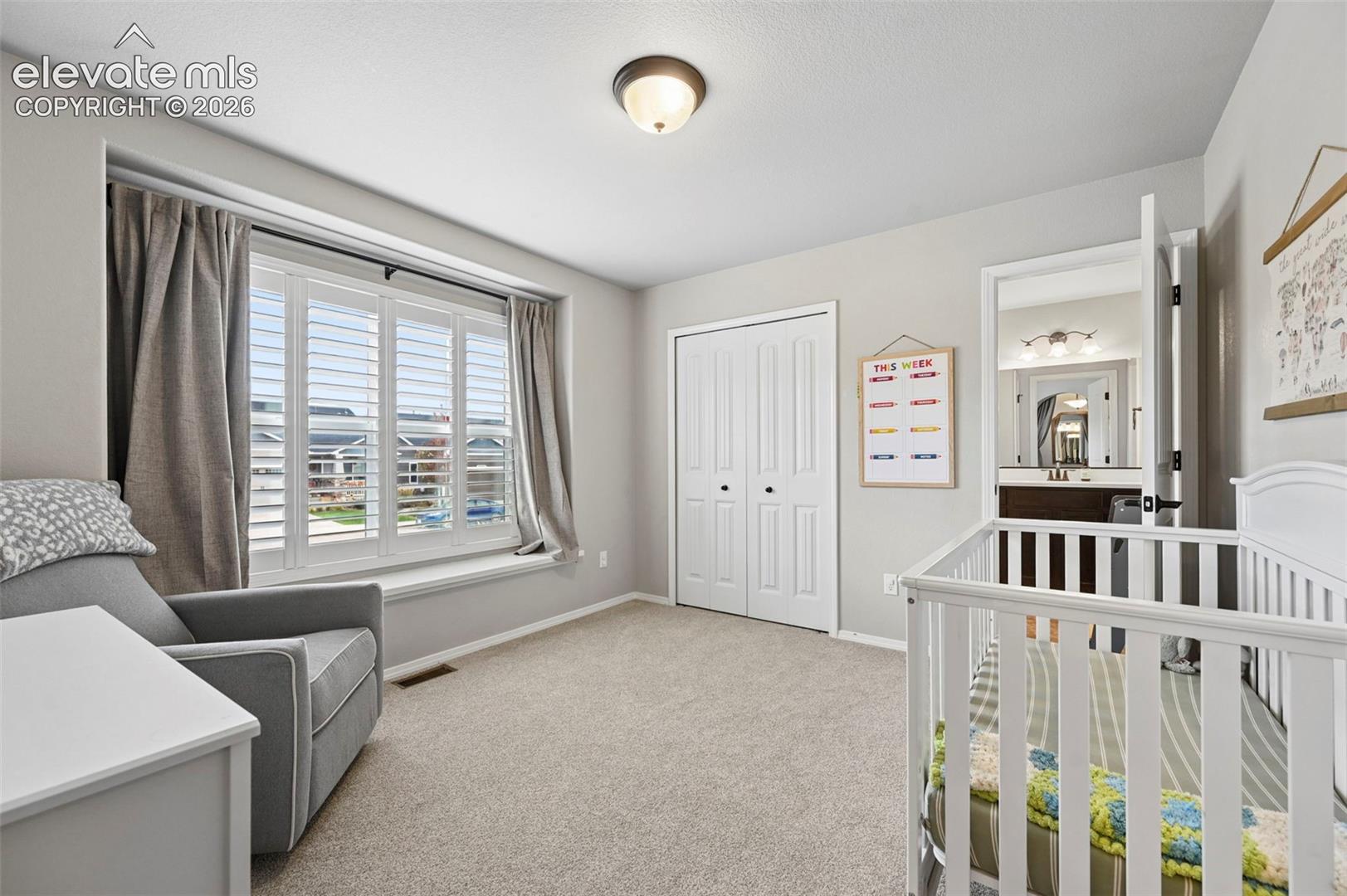 Office featuring a built-in window seat, multi-pane window with adjustable plantation shutters, neutral carpeting, and a double-door closet
