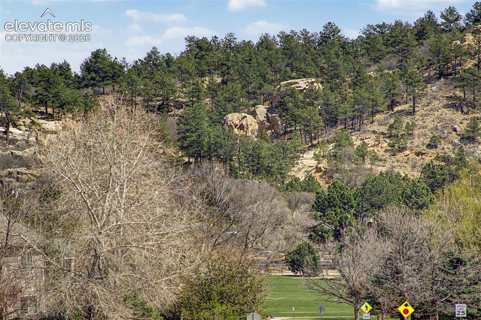 Evergreen pines and golden sandstone outcroppings crown the hillside just beyond the community — this is the view that buyers fall in love with before they ever step inside, and it never gets old.