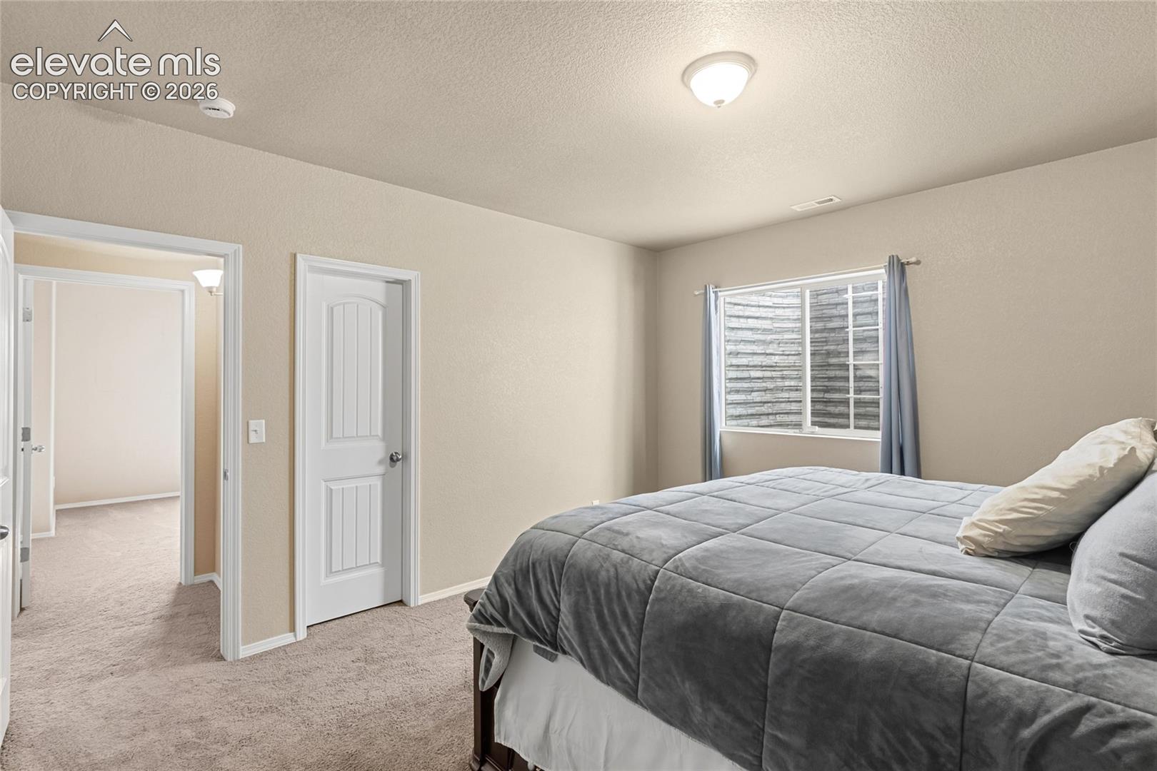 Room featuring neutral wall tones, carpeted flooring, a multi-panel interior door, and a recessed window well