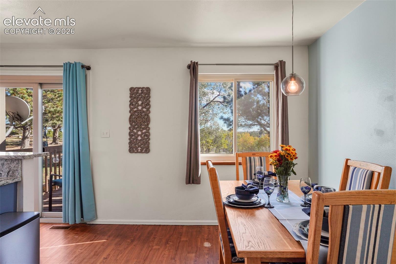 Sliding glass door, wood-finish flooring, single globe pendant light, and window with outdoor tree canopy exposure