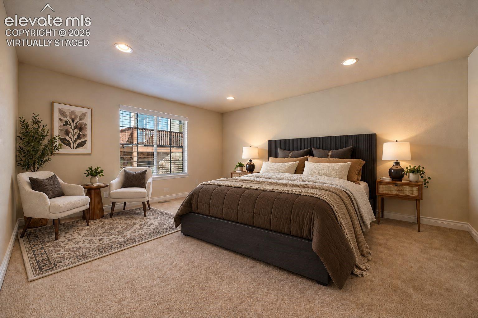 Virtually staged. Neutral-toned interior featuring recessed lighting, plush wall-to-wall carpeting, and a multi-pane window
