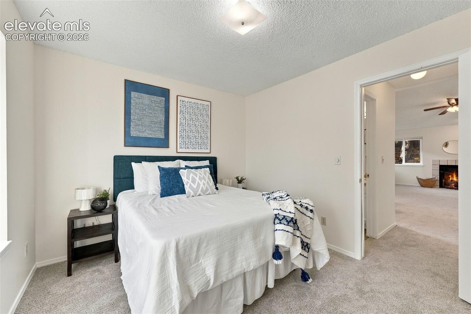 Neutral wall tones, plush wall-to-wall carpeting, and a flush-mount ceiling light fixture