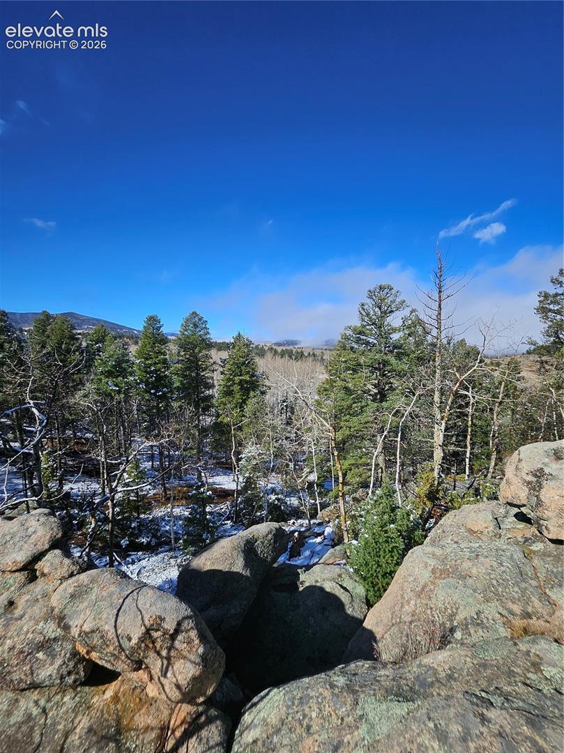 Natural rock formations, mature evergreen trees, and distant mountain scenery
