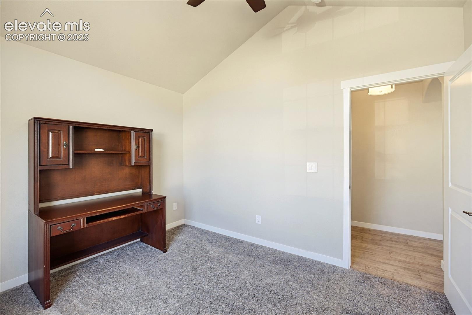 Vaulted ceilings with a ceiling fan, carpeted flooring, and a walk-in closet with wood-finish flooring