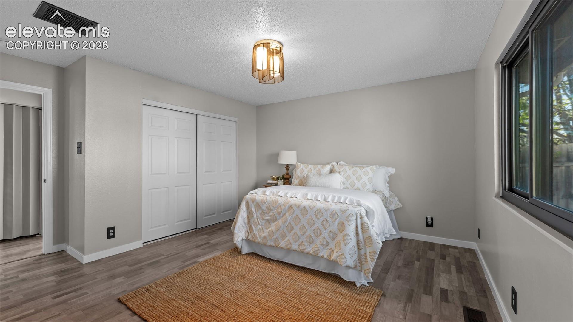 Neutral-toned interior featuring wood-finish flooring, sliding closet doors, a multi-light flush mount ceiling fixture, and a large horizontal window