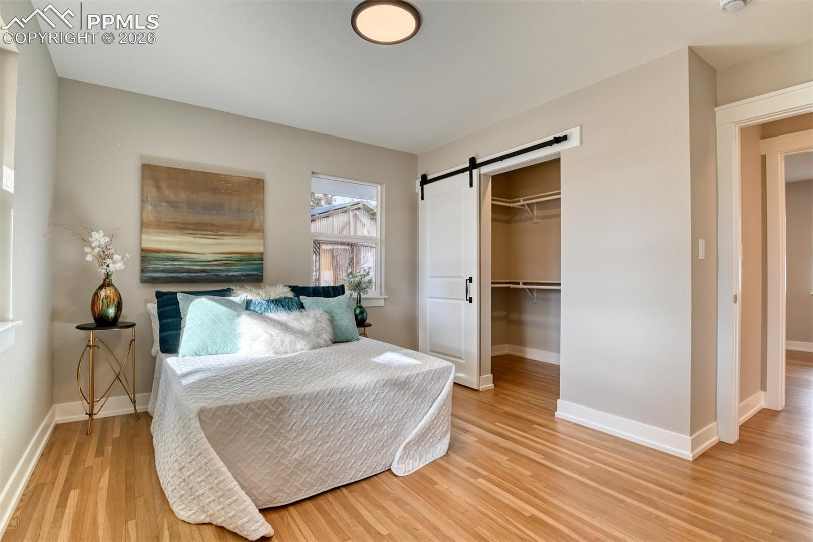 Bedroom with a barn door, a spacious closet, and light wood finished floors