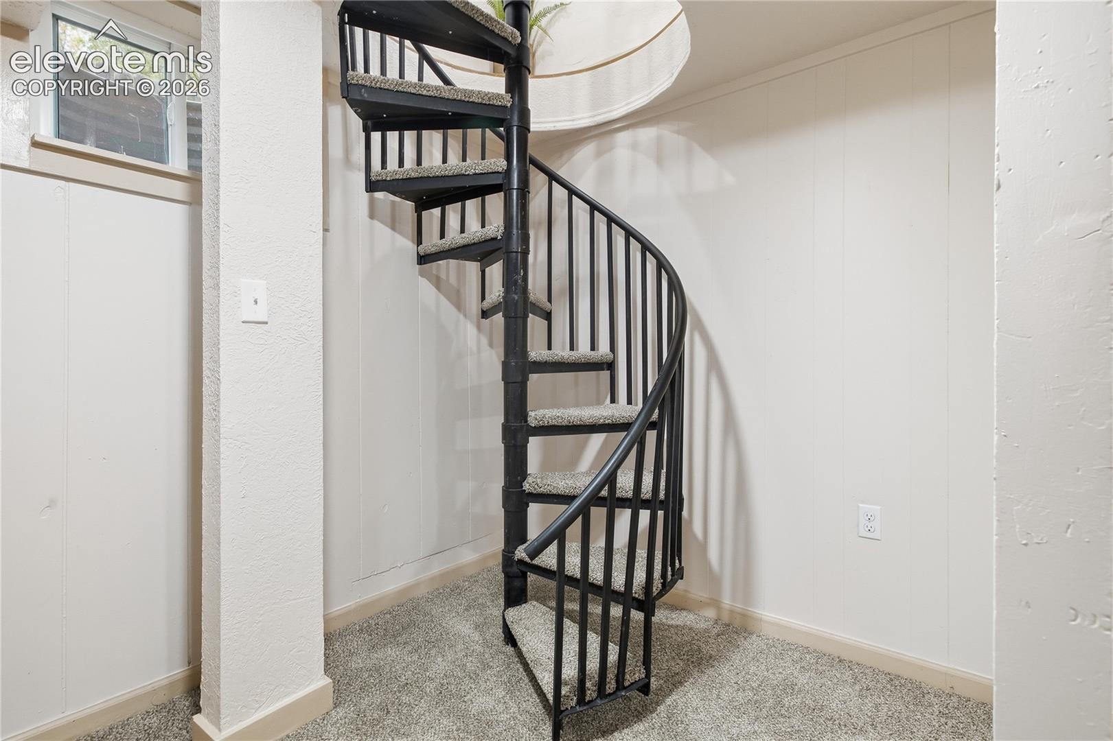 Spiral staircase featuring a black metal frame, carpeted treads, and a circular ceiling cutout