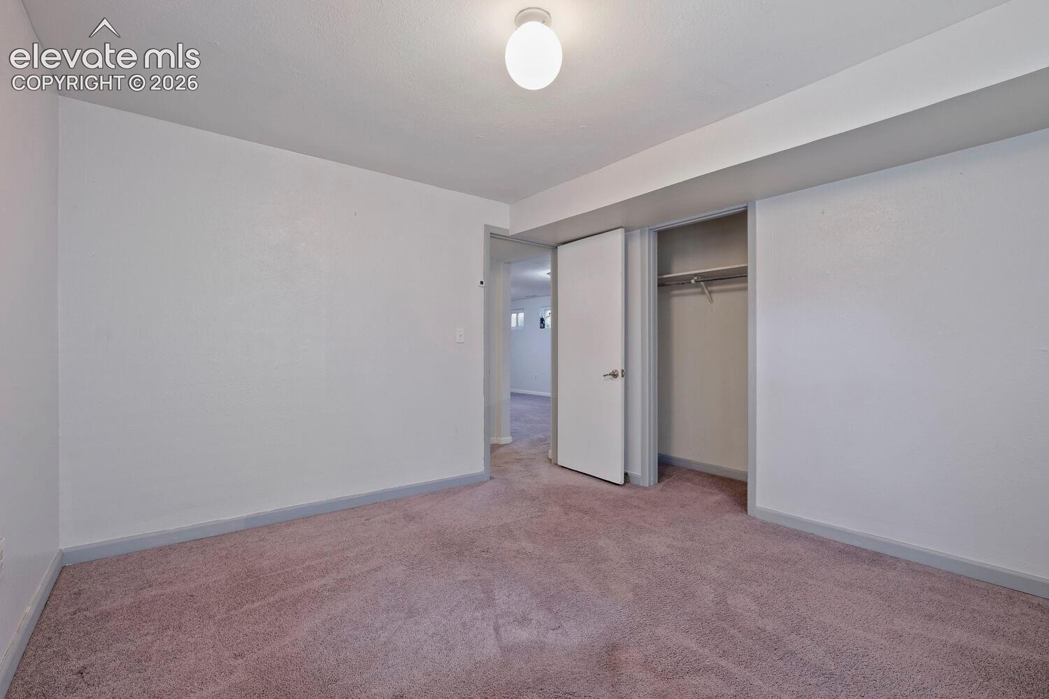 Carpeted room featuring white walls, a built-in closet with hanging rod, and an overhead flush-mount light fixture