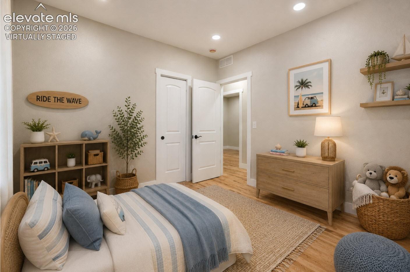 And the same bedroom, but virtually staged. The furniture layout shows the room can be arranged flexibly, offering a different perspective from the first staged photo.