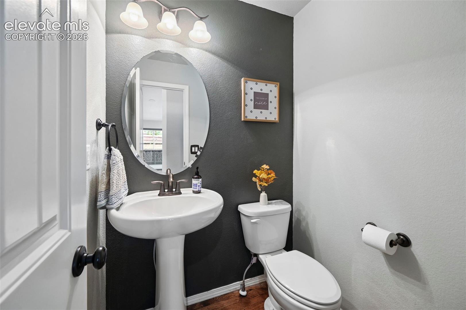 Pedestal sink with a center-set faucet, oval wall-mounted mirror, three-light vanity fixture, and dual-toned wall finish