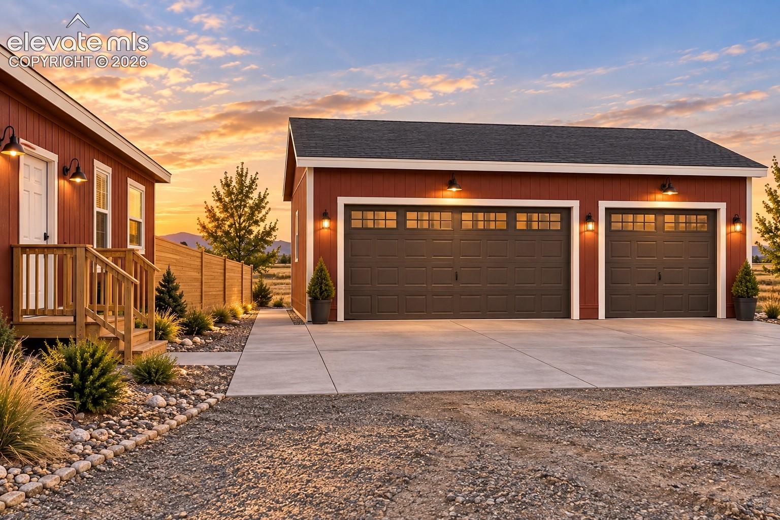Exterior – Final exterior angle showcases the porch from Laundry,  detached garage, and spacious gravel approach