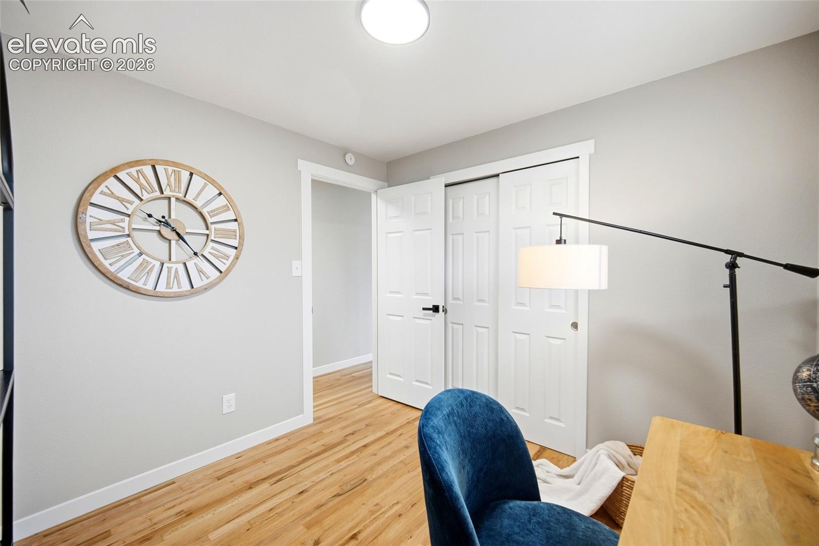 Light wood-finish flooring, white trim, and light gray wall paint
