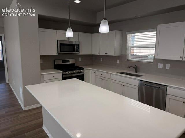 Kitchen featuring a large island, white cabinetry, stainless steel appliances, pendant lighting, and wood-finish flooring
