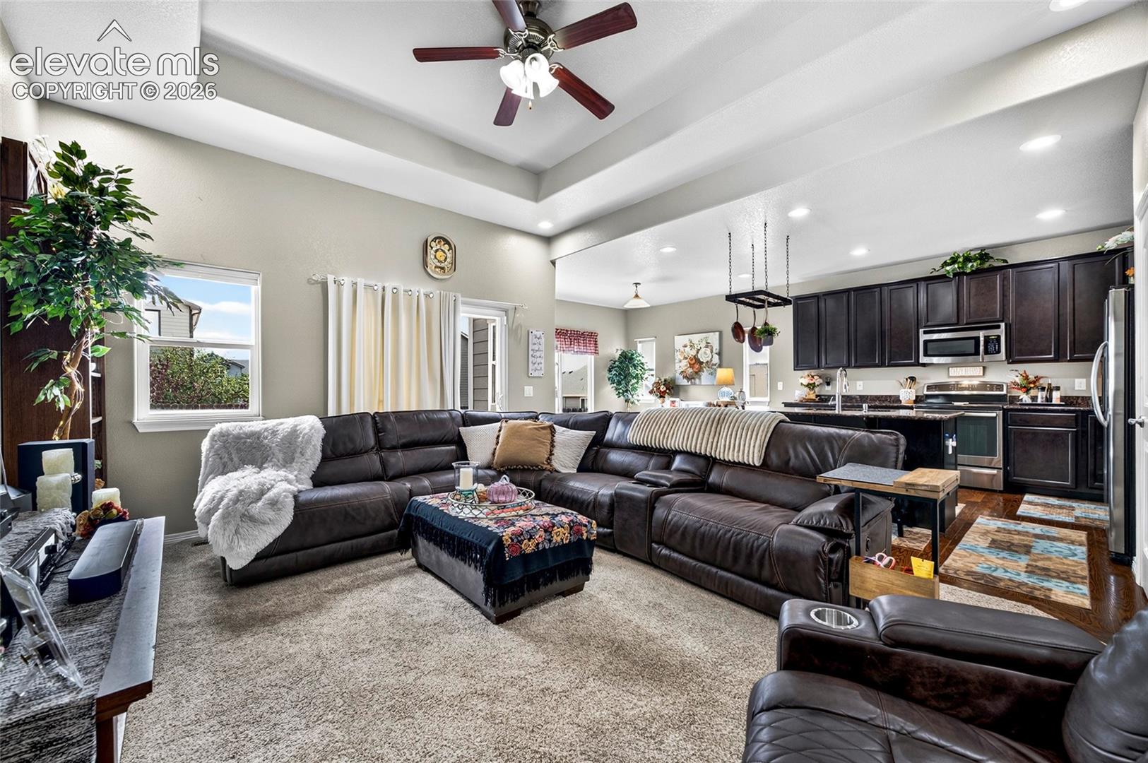 Open-concept interior featuring a tray ceiling, recessed lighting, ceiling fan, and dark-finish cabinetry