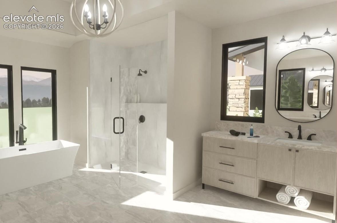 Freestanding soaking tub with a floor-mounted faucet, walk-in shower with clear glass enclosure, dual vanity with undermount sinks, and a modern globe chandelier