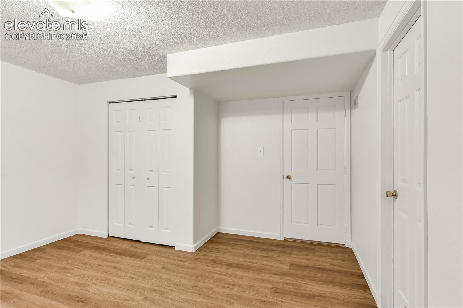 Room featuring wood-finish flooring, white painted walls, a flush-mount ceiling light, and white paneled doors