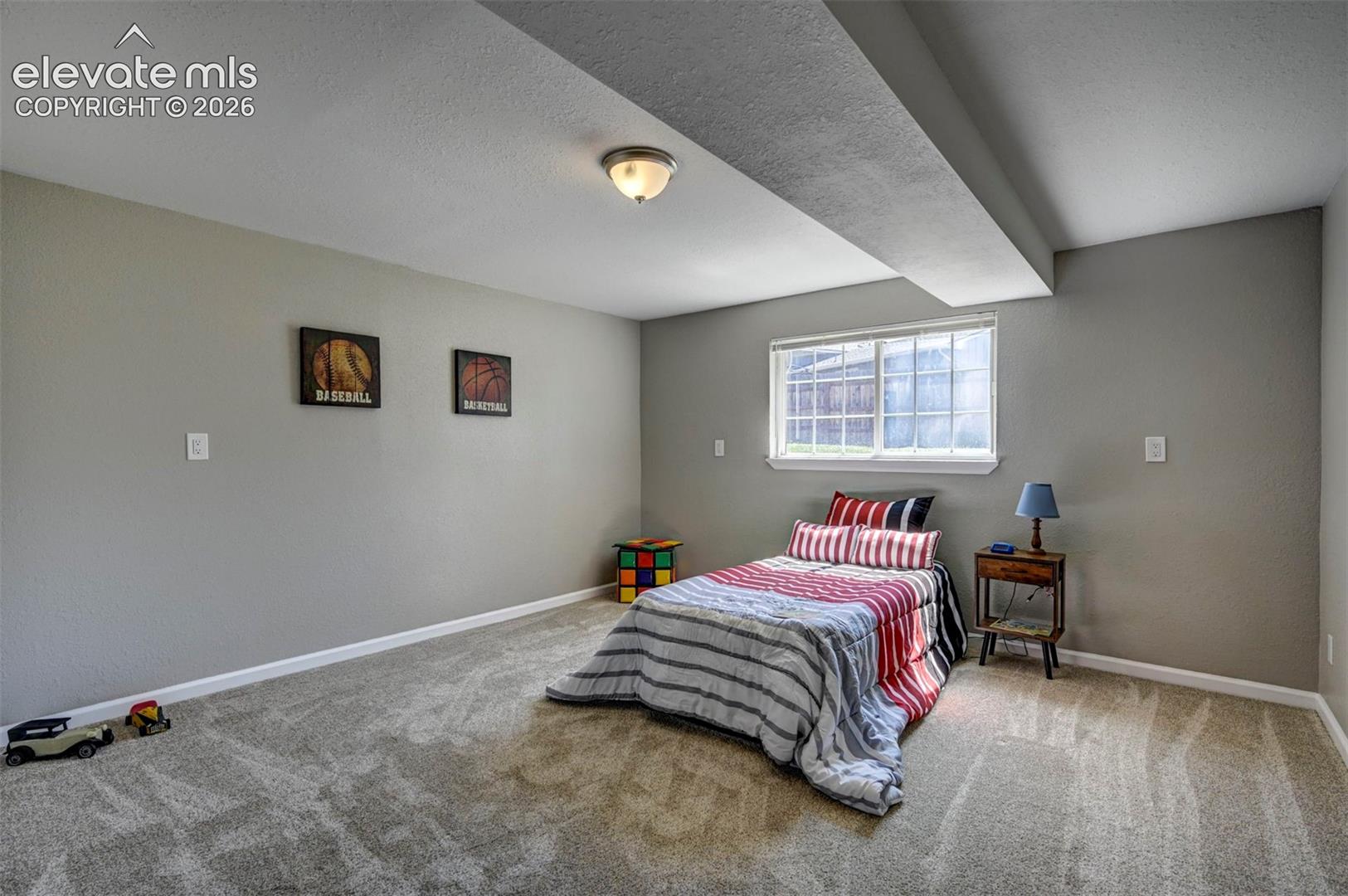 Neutral interior space featuring wall-to-wall carpeting, a multi-pane sliding window, and a central ceiling-mounted light fixture