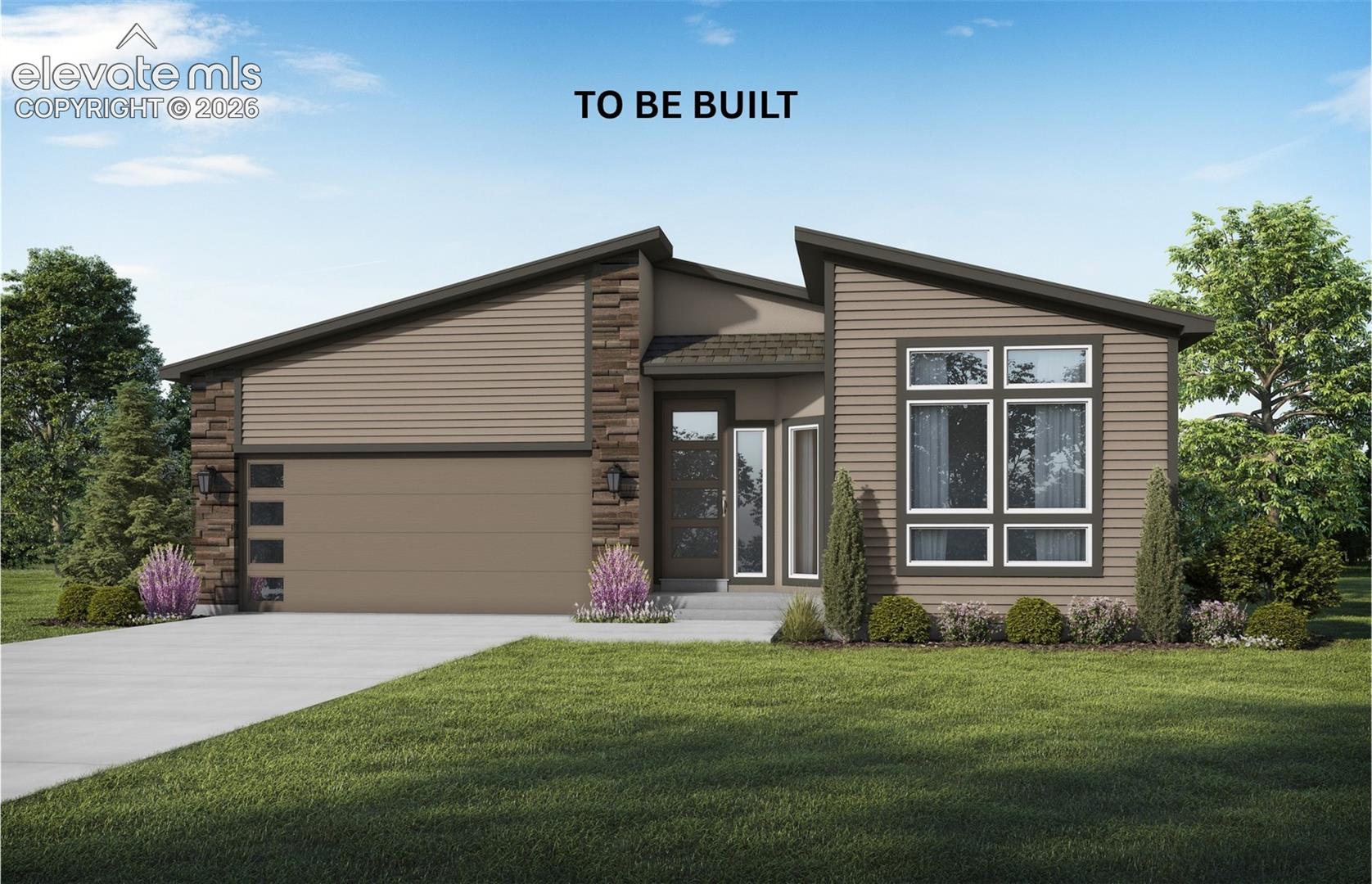 Modern exterior featuring horizontal lap siding, stone veneer accents, an attached two-car garage with vertical glass panels, a mono-pitched roofline, and multi-paned windows