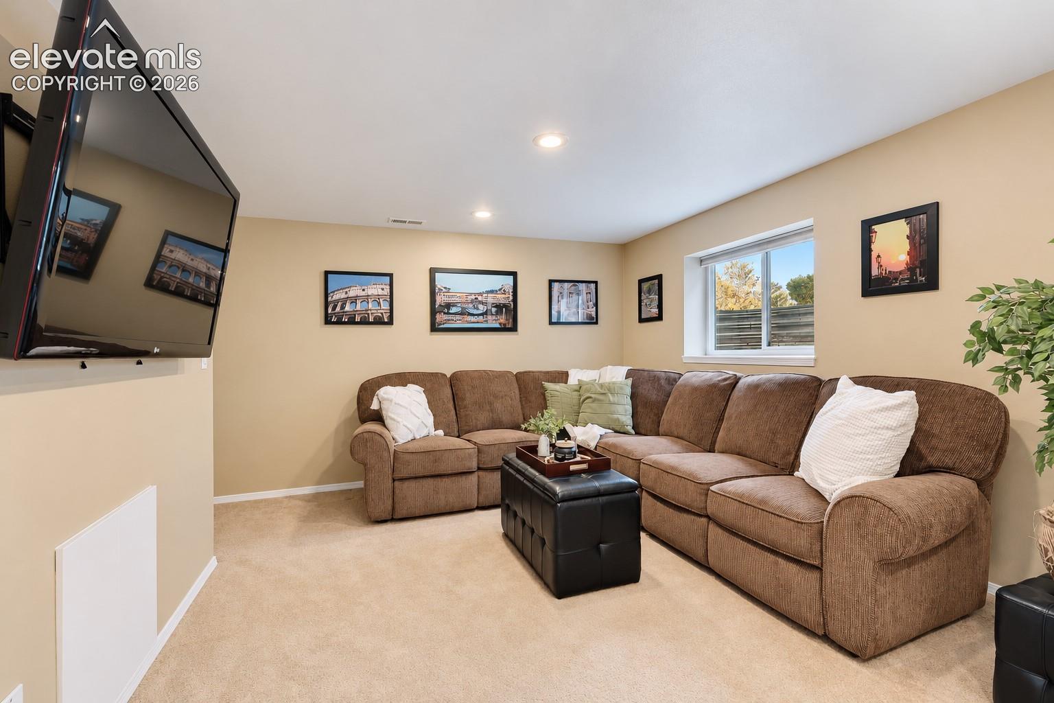 Basement Family Rec Room with neutral carpet and storage.