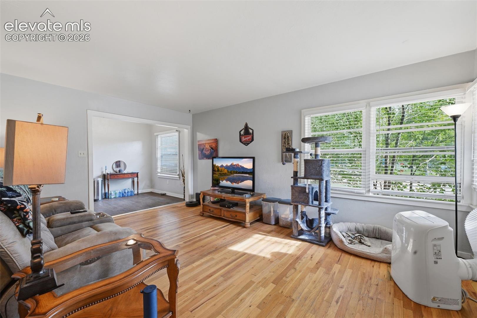 Wood-finish flooring with light-toned wall paint and an open doorway to an adjoining room