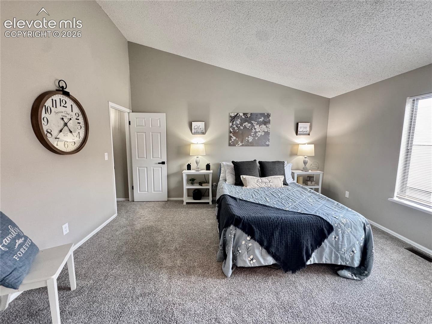 Vaulted ceiling with neutral wall tones, carpeted flooring, and a window with integrated blinds