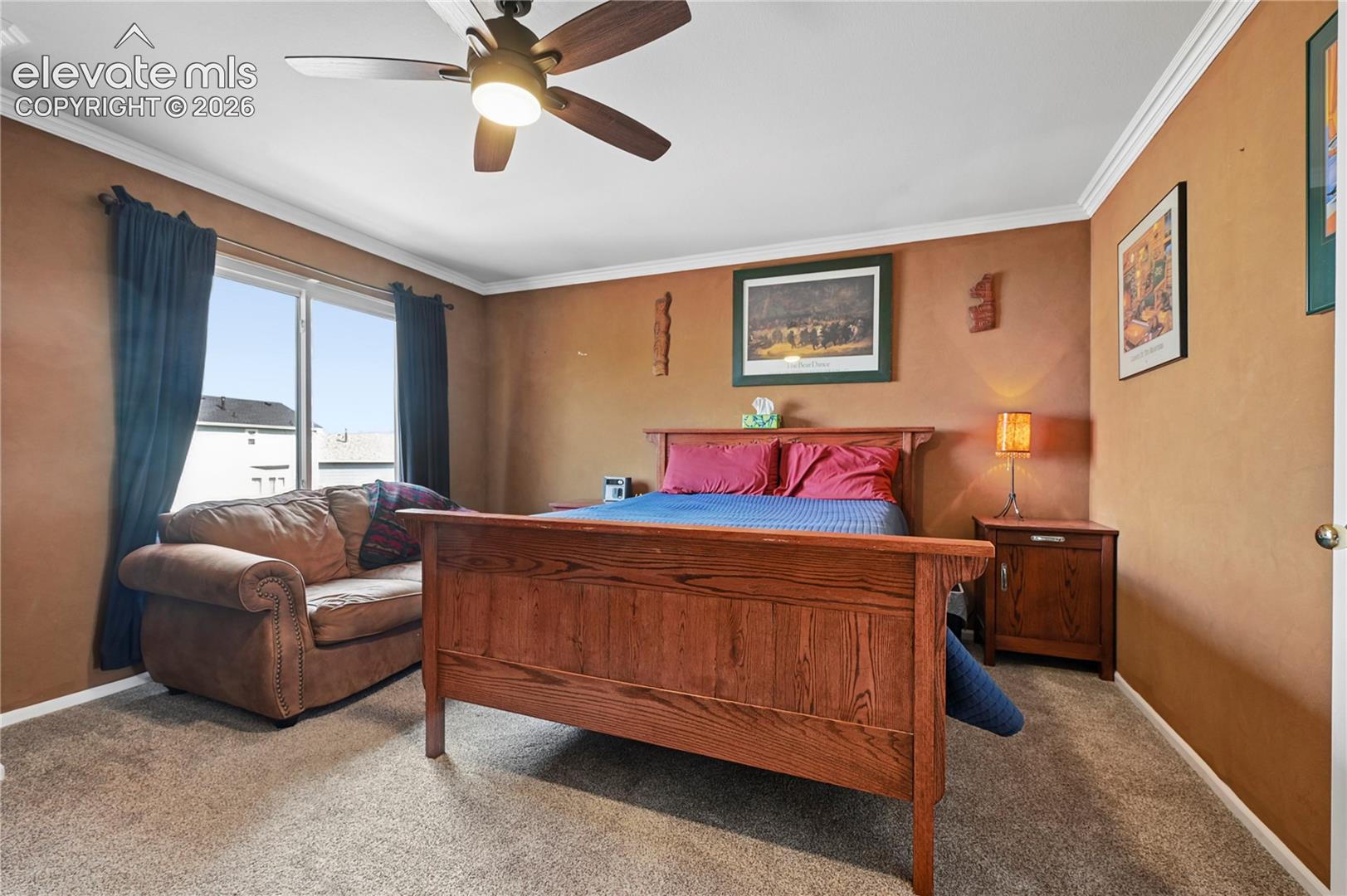 Primary bedroom suite upstairs with fresh carpeting