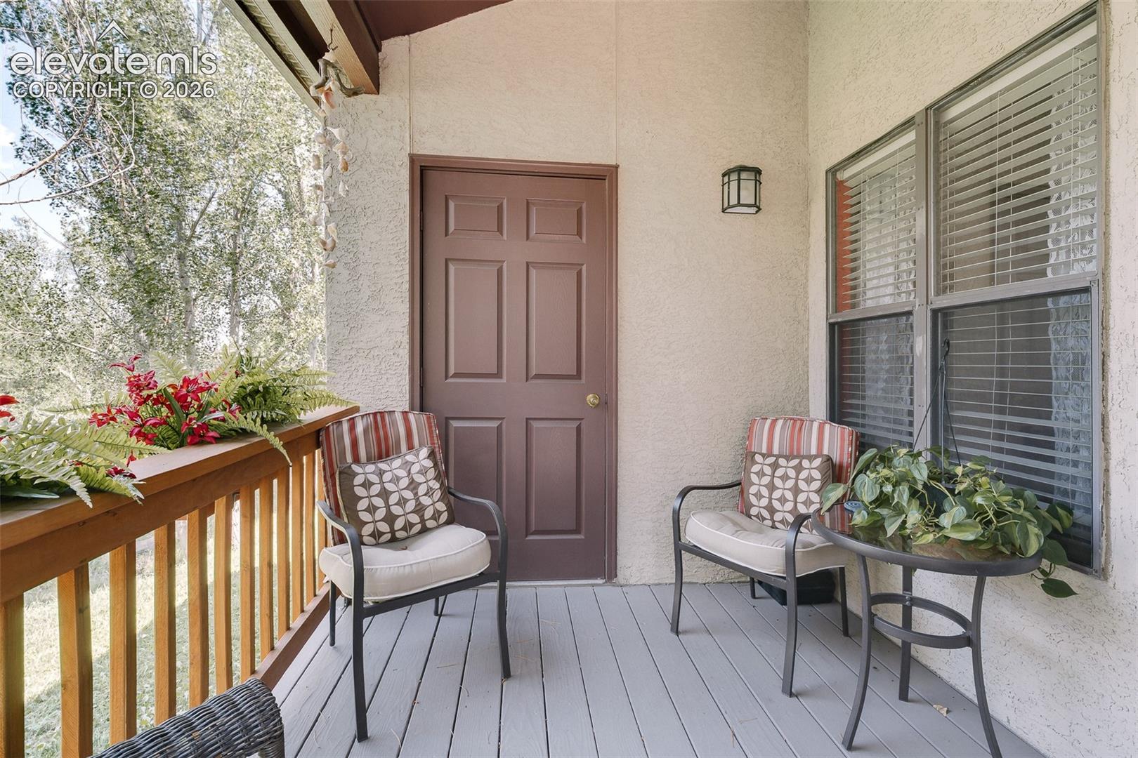 Composite deck overlooking mature pines and wooded open space, creating a peaceful outdoor retreat. 
