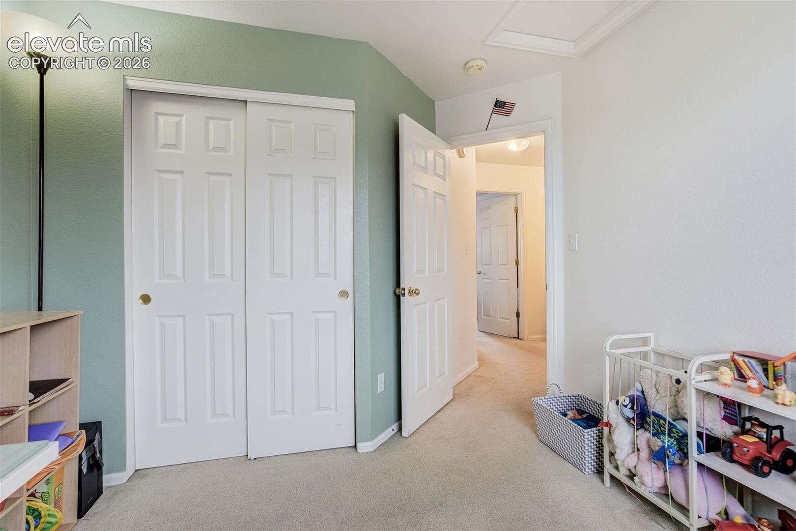 White paneled doors, neutral carpet, and an open doorway