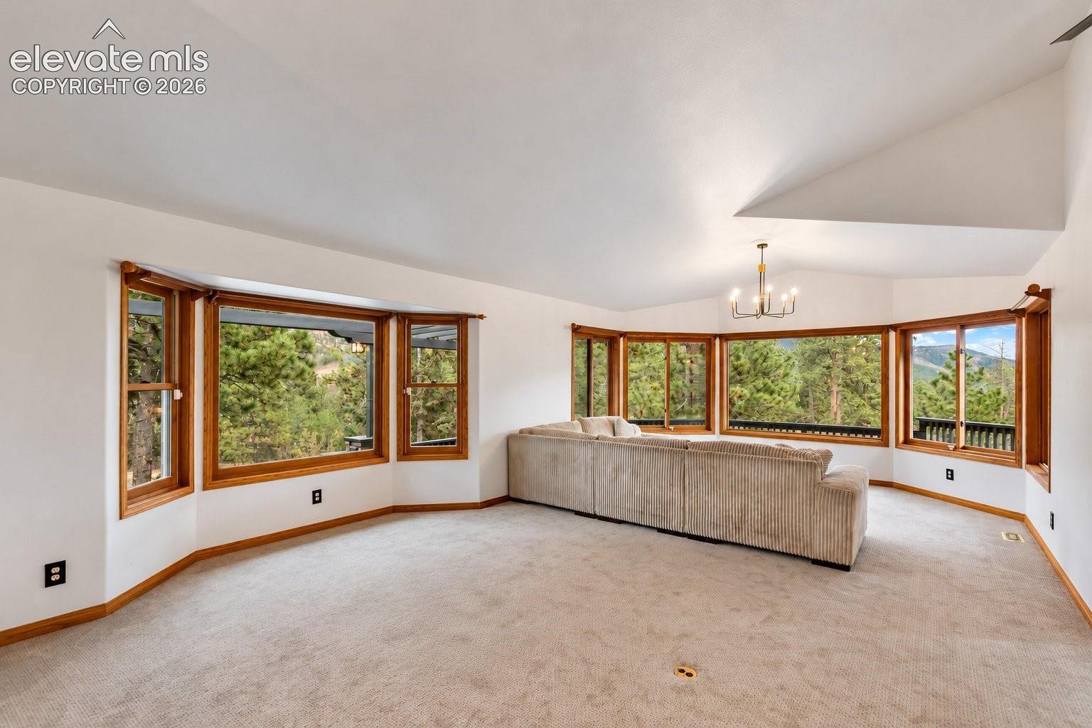 Vaulted ceilings, expansive bay windows with wood-finish trim, neutral wall-to-wall carpeting, and a multi-arm chandelier