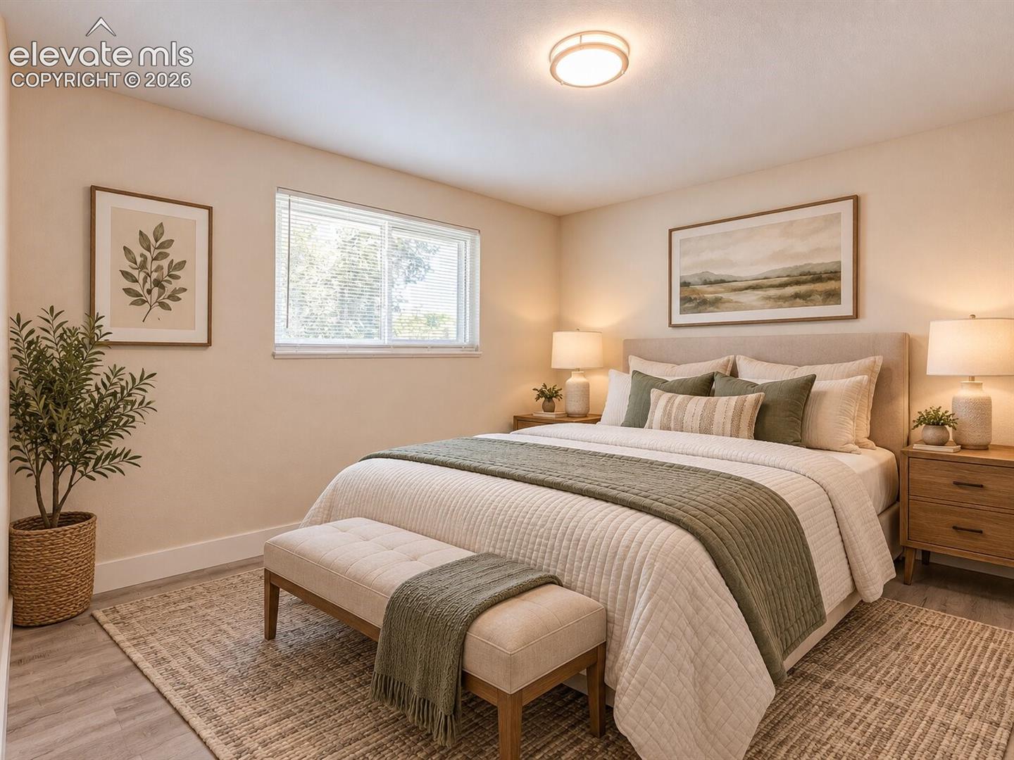 Neutral-toned interior space featuring wood-finish flooring, a flush-mount ceiling light fixture, and a single-pane sliding window. AI-Enhanced – furniture/decor digitally added