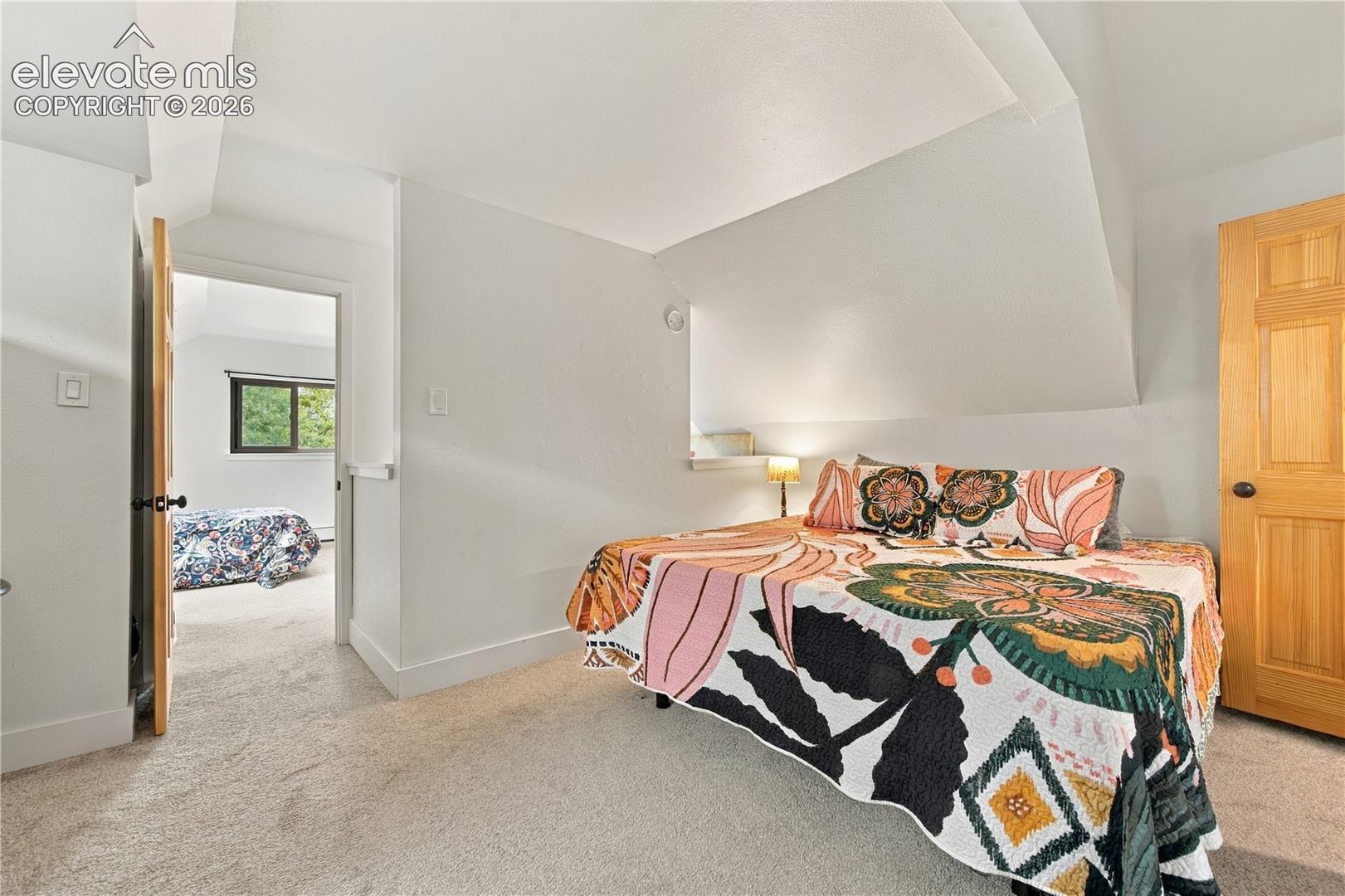 Vaulted ceilings with architectural roof lines, neutral carpeting, and solid wood interior doors