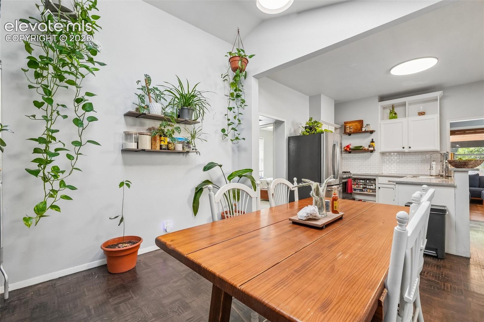Dining area with skylights