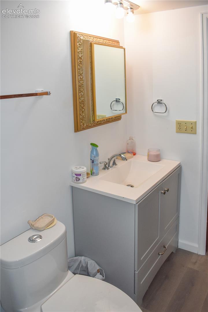 Light gray vanity with an integrated sink and chrome faucet, featuring wood-finish flooring and a wall-mounted medicine cabinet with a decorative frame