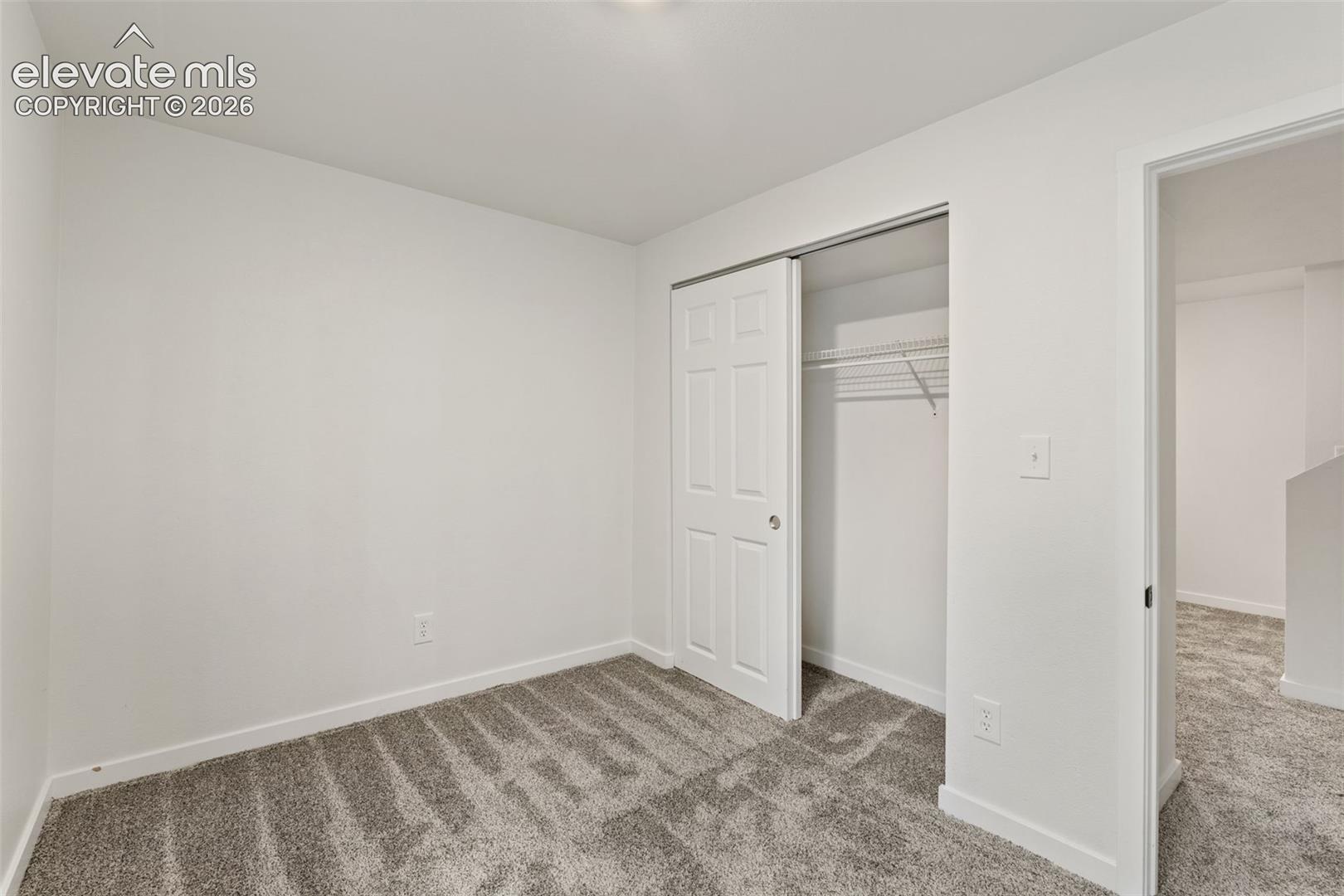Neutral-toned carpeting, white-painted walls, and a closet featuring a six-panel door and built-in shelving