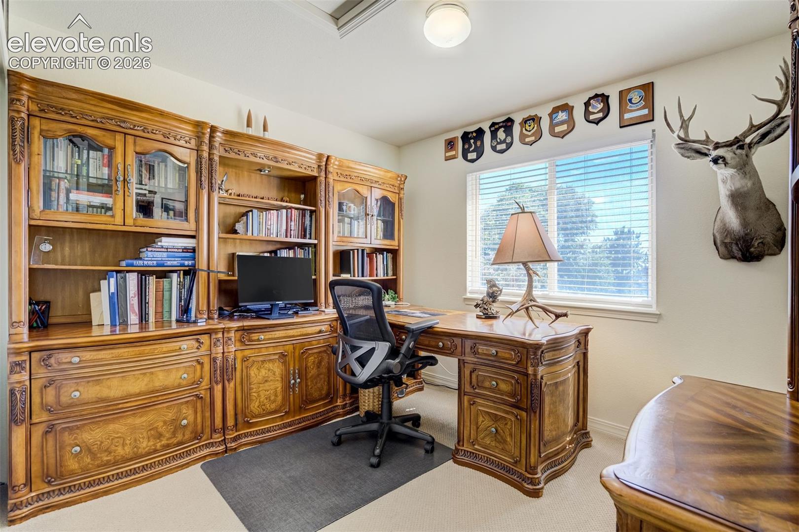 Custom floor-to-ceiling wood cabinetry featuring integrated shelving, display cases, and ornate detailing