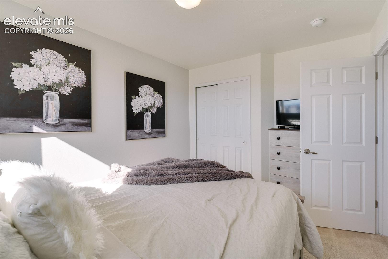 White interior door with brushed nickel hardware, white bi-fold closet doors, and light-toned wall paint