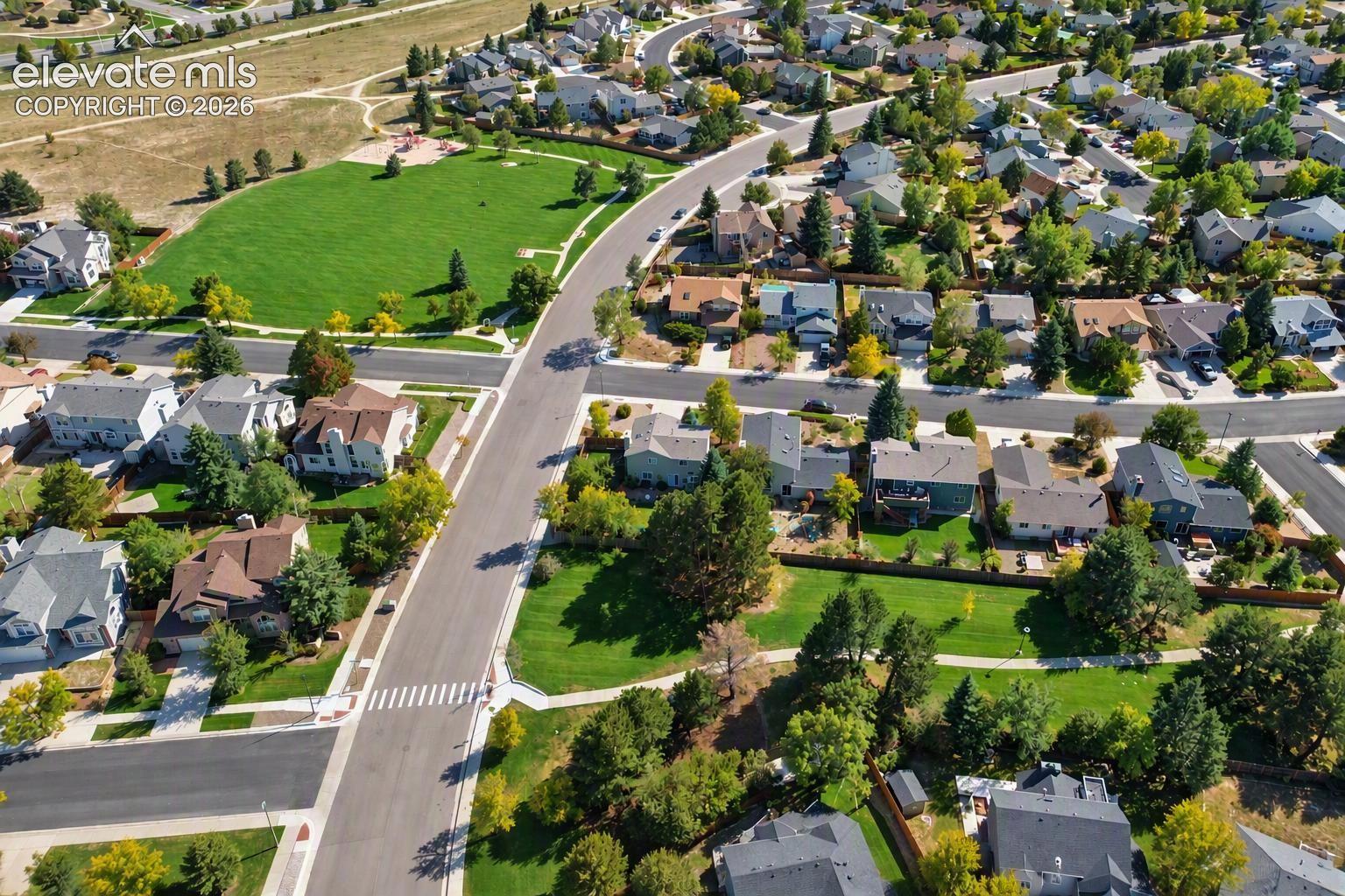 Aerial view of community park and neighborhood.